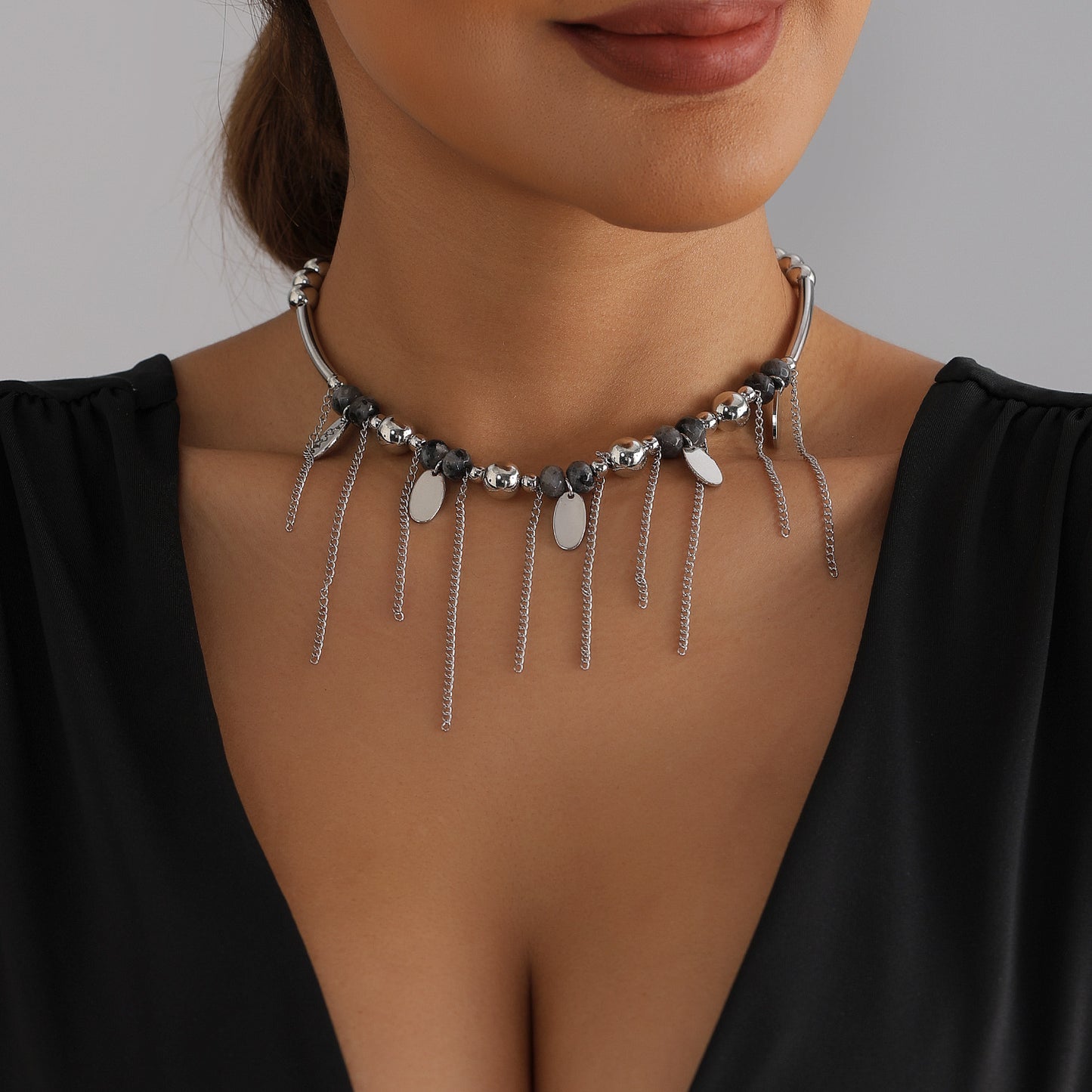 Vintage Gothic Geometric Alloy Plated Necklace with Tassel for Women