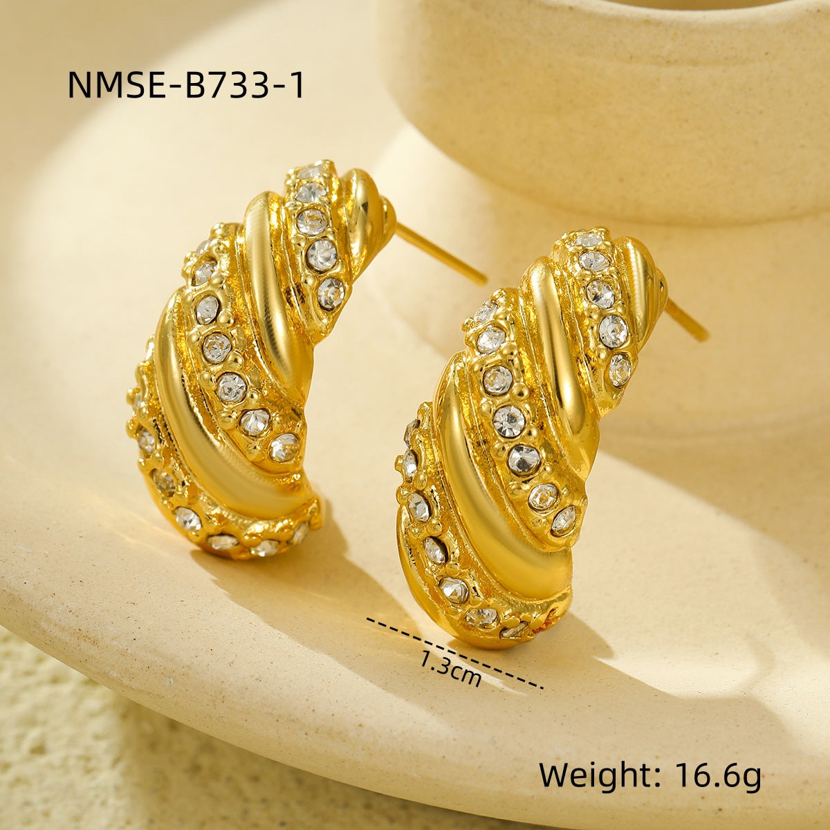 Vintage-Style Horn-Shaped Stainless Steel Ear Studs with Zircon Inlay and Gold Plating for Women