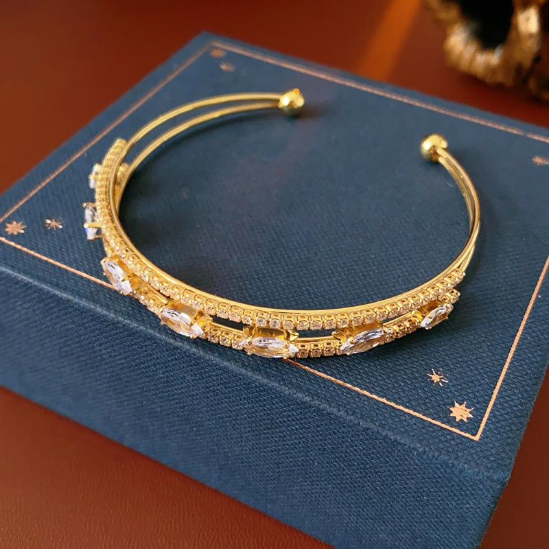 Vintage Luxury Floral Rhinestone Inlay Plated Brass Bracelet for Women
