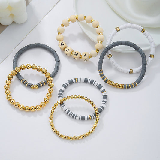 Bohemian Wood Bead and Resin Letter Bracelet Set