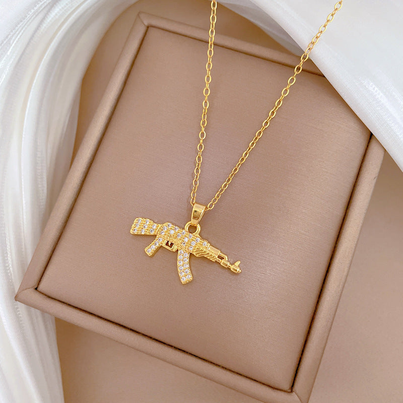 Minimalist Geometric AK Assault Rifle Pendant Necklace for Women and Men with Full Rhinestone Inlay on Titanium Steel Chain