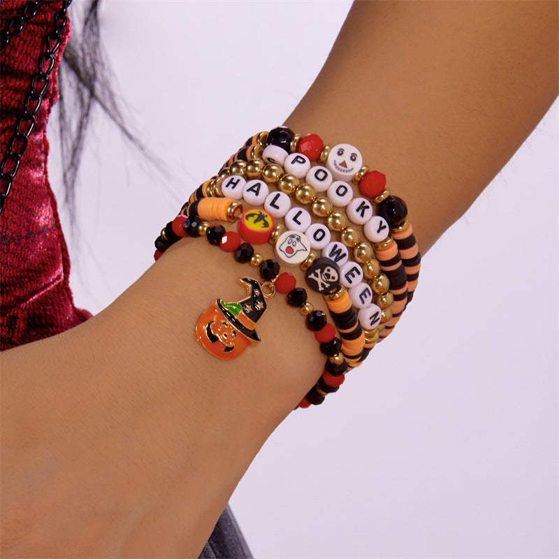 Juego de pulseras de aleación con dije de fantasma y calavera de Halloween dulce y atrevido con detalles de cuentas, regalo de festival unisex