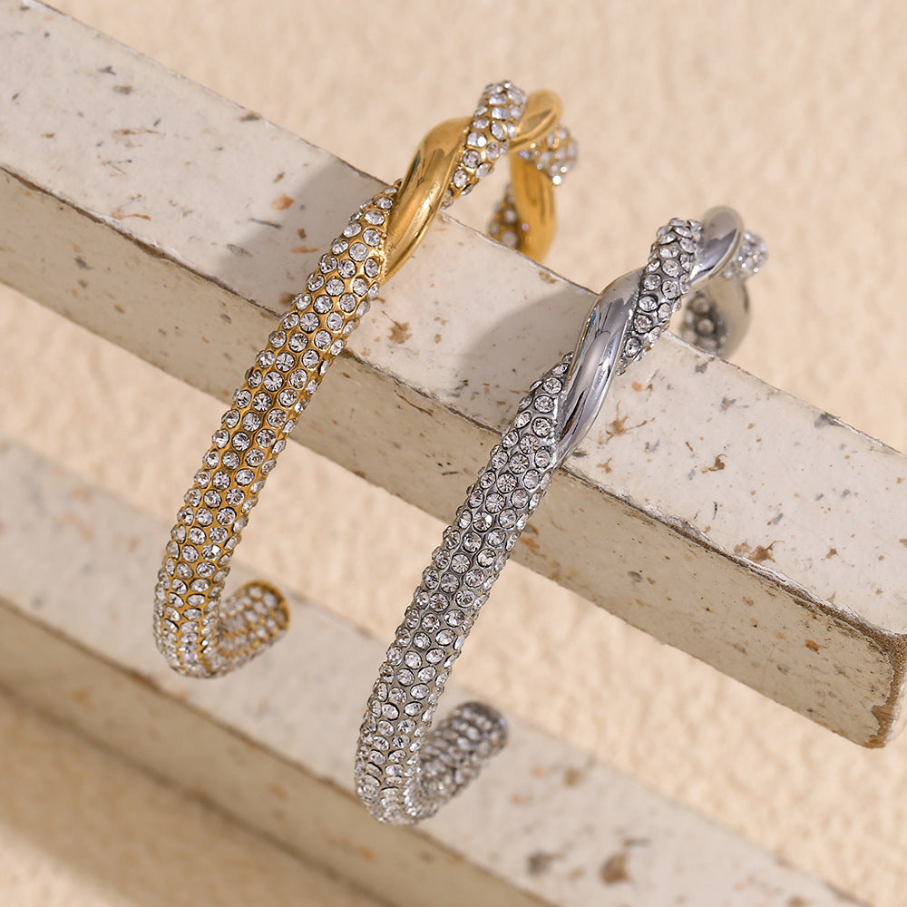 Fashionable Asymmetrical Braided Stainless Steel Bracelet with 18K Gold Plating and Rhinestone Accents