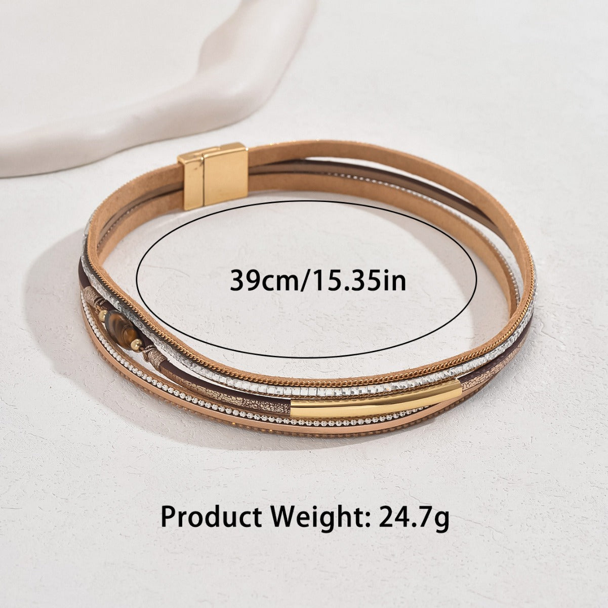 Pulsera de Cuero Geométrica Minimalista de Lujo para Mujer con Incrustaciones de Pedrería, Brazalete Apilable de Múltiples Capas