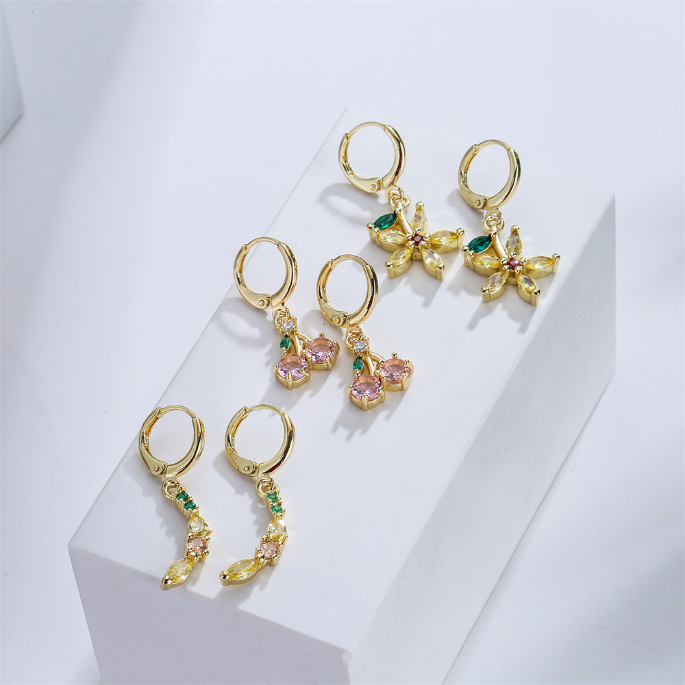 Chic Floral Cherry Geometric Earrings for Women in Copper with 18K Gold Plating and Micro-Paved Zirconia