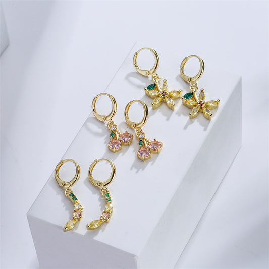Chic Floral Cherry Geometric Earrings for Women in Copper with 18K Gold Plating and Micro-Paved Zirconia