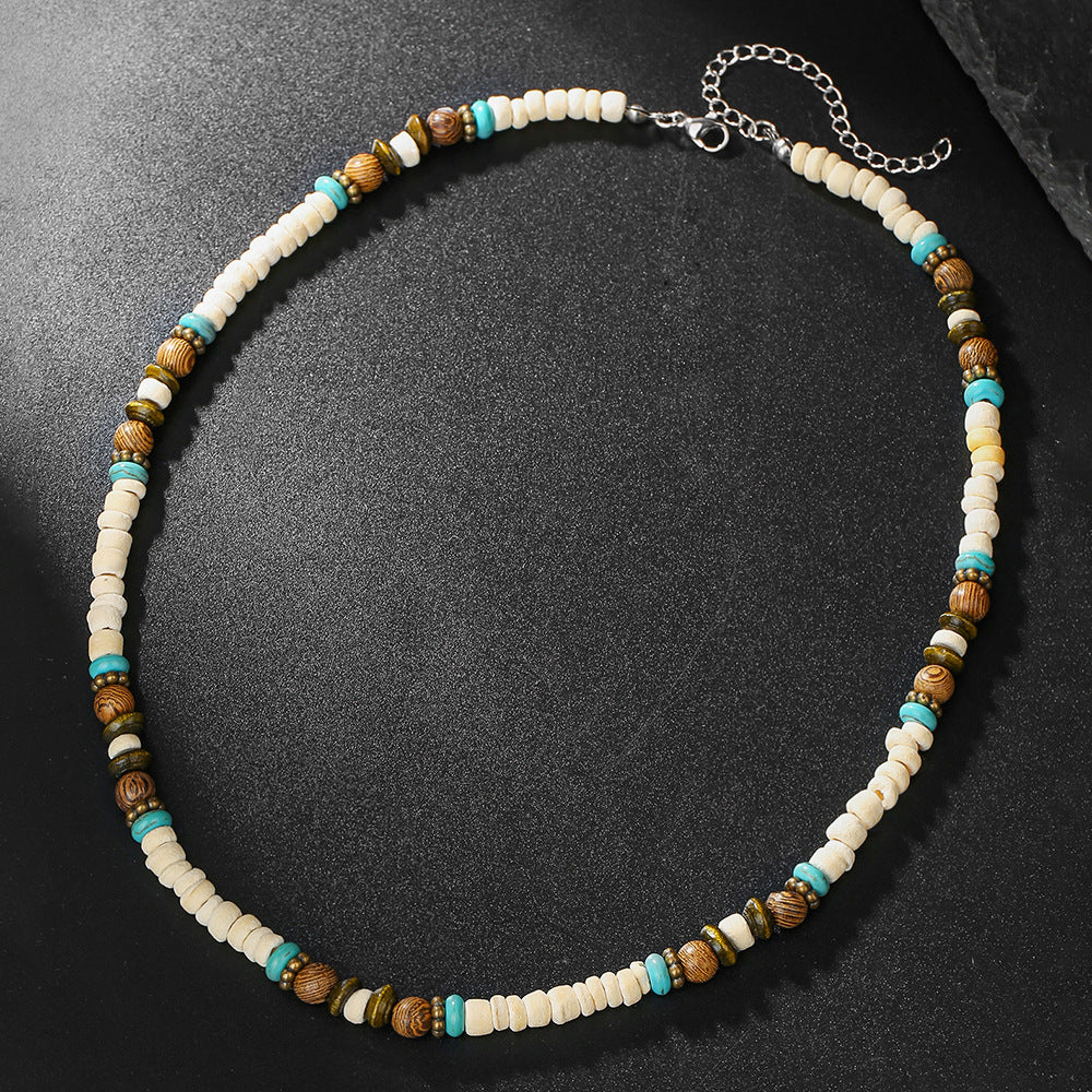 Streetwear Geometric Handmade Stainless Steel Wood Coconut Shell Turquoise Ball Chain Necklace for Unisex