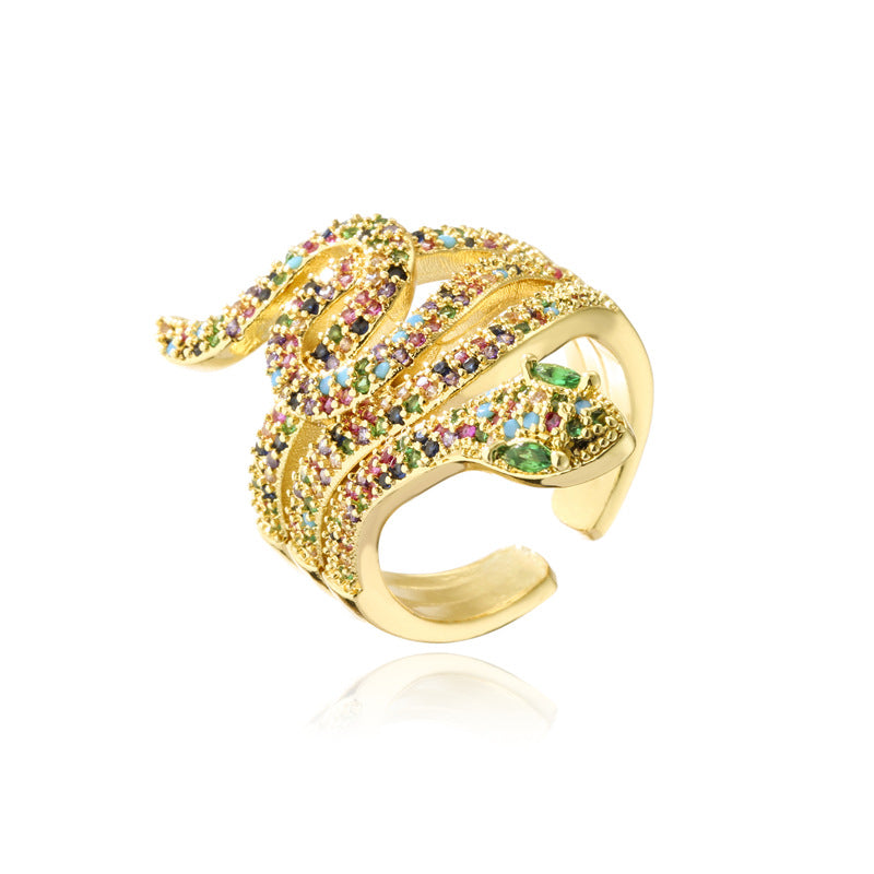 INS Style Geometric Snake Shape Copper Ring with Micro-Pave Zirconia and 18K Gold Plating