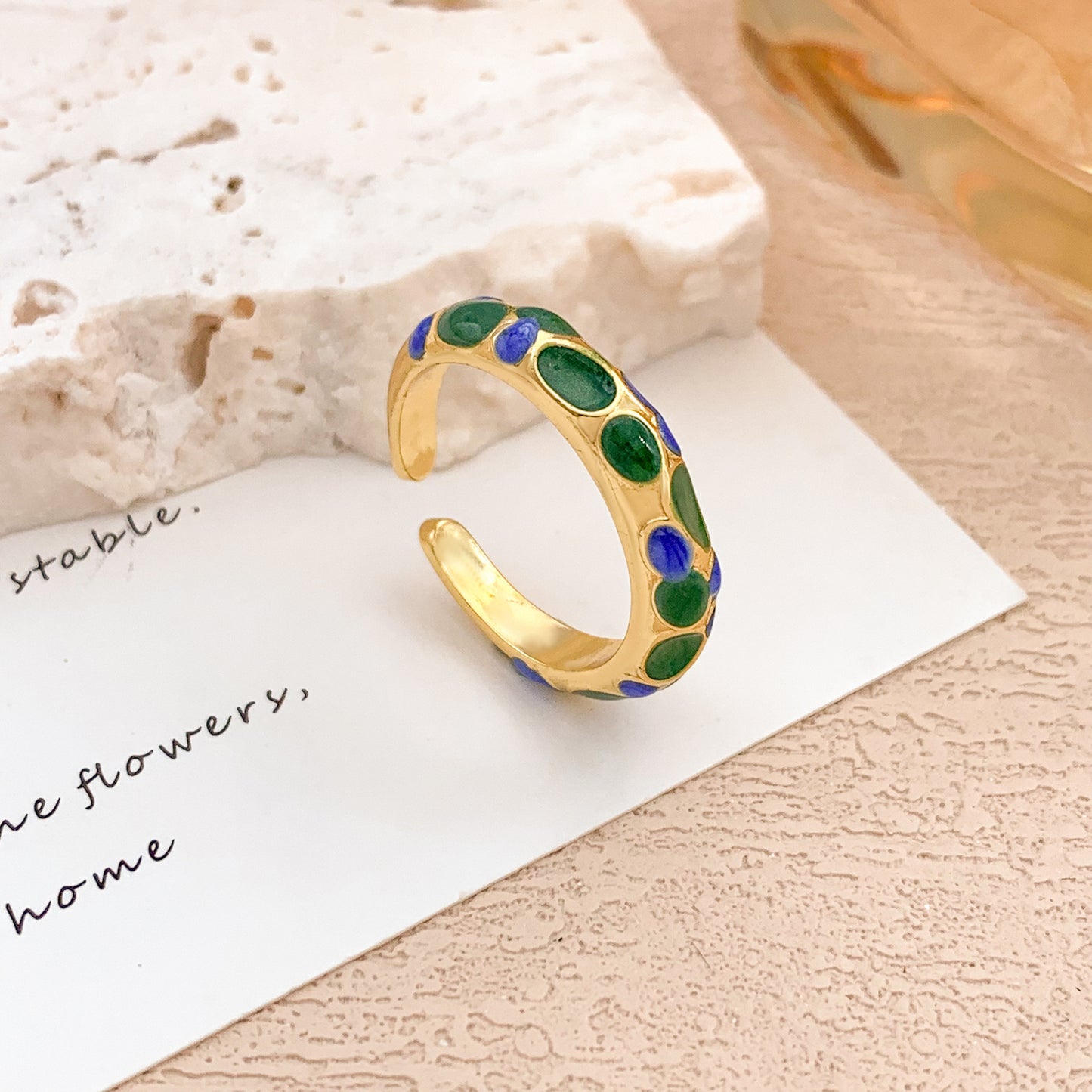 Anello regolabile aperto da donna vintage elegante in lega placcato oro con olio a goccia a pois geometrici