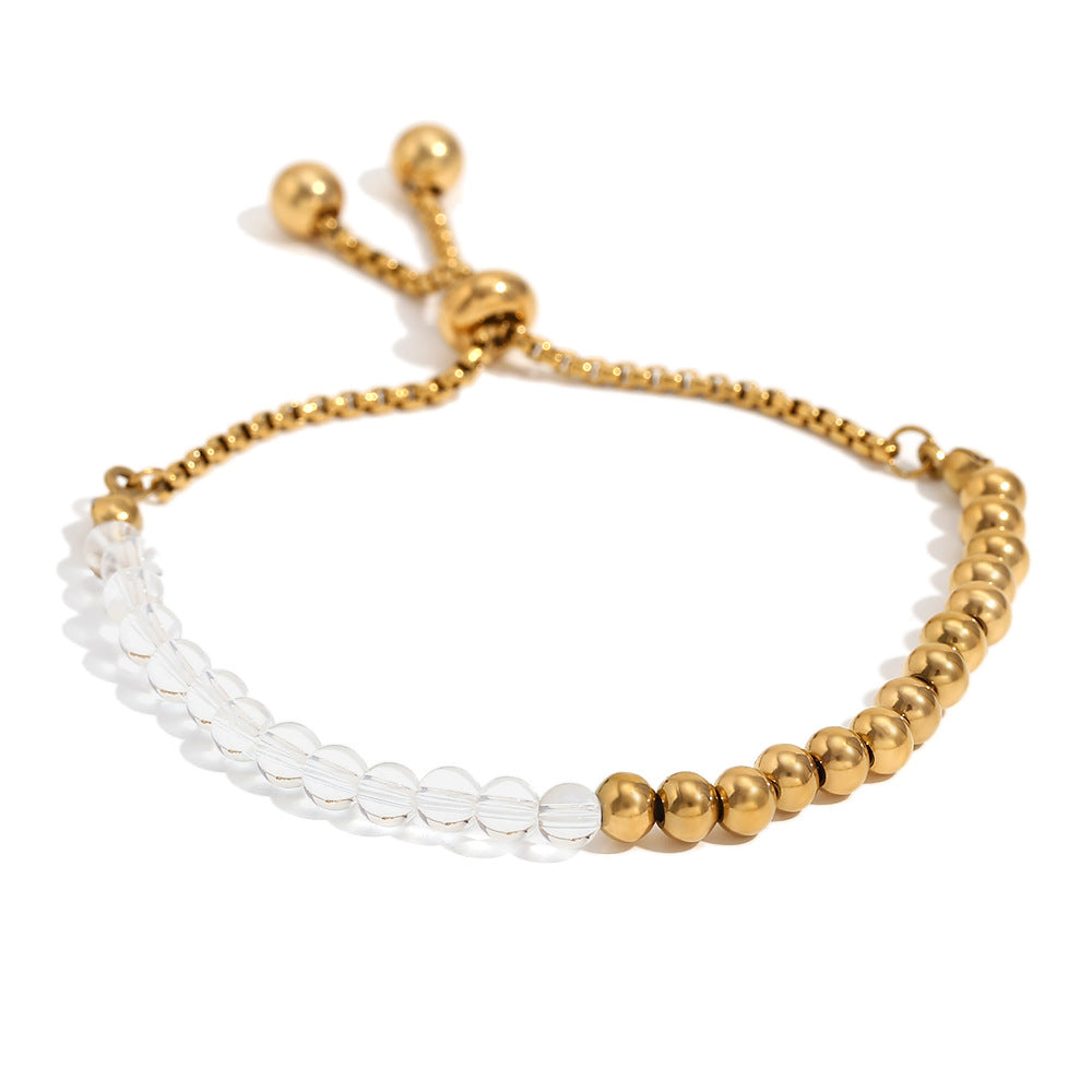 Vintage Geometric Stainless Steel Plated 18K Gold Acrylic Beaded Adjustable Drawstring Bracelet for Women