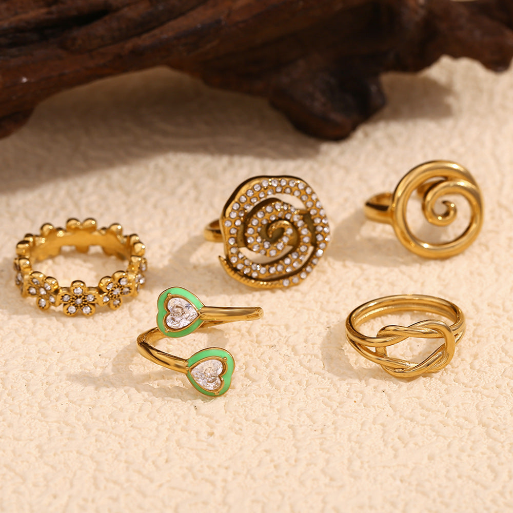 Minimalist Geometric Stainless Steel Ring with 18K Gold Plating, Swirl Knot and Daisy Accent for Women