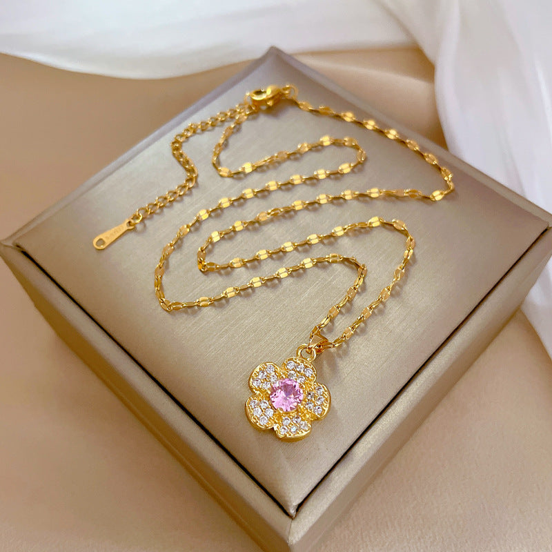 Elegant Floral-Shaped Titanium Steel Micro-Pave Necklace for Women Delicate Clavicle Chain