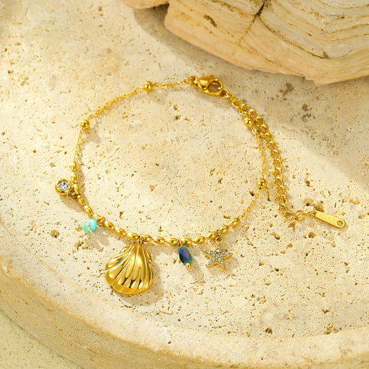 Pulsera de Acero Titanio con Diseño de Concha Marina y Estrella, Baño de Oro de 18K y Circonitas, Inspirada en el Océano, para Mujer