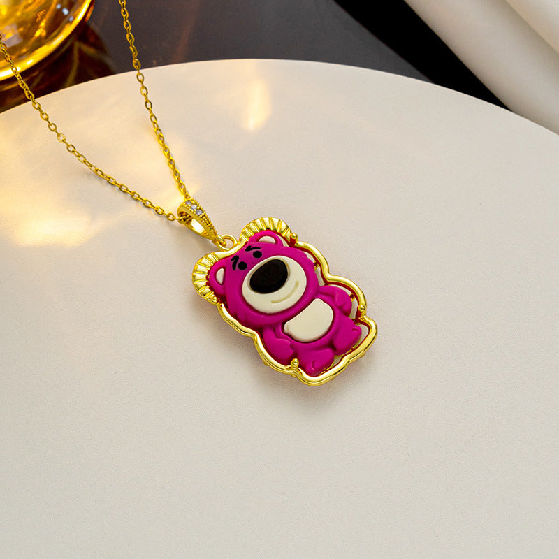Cartoon Strawberry Bear and Bunny Pendant Necklace in Titanium Steel with Inlay Detail, Cute Animal-Themed Jewelry for Women