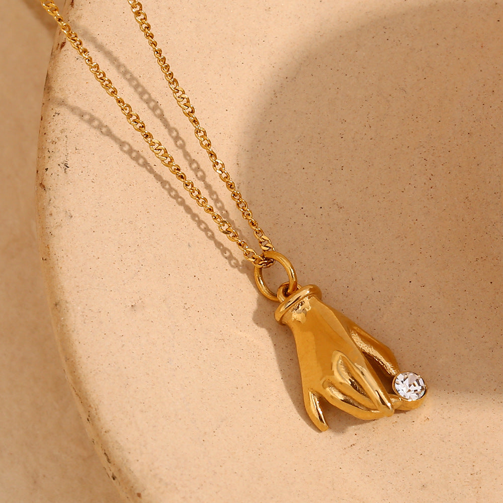 Collana Pendente Geometrica Minimalista da Donna in Acciaio Inossidabile con Placcatura in Oro 18K e Accenti di Strass Bianchi