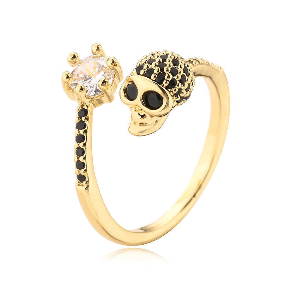 Punk Style Skull-Shaped Geometric Ring in Copper with Gold Plating and Zircon Inlay for Women