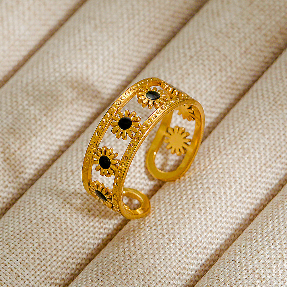 Vintage INS Style Stainless Steel Adjustable Ring with Natural Stone Inlay in Geometric Heart Zodiac and Animal Shapes