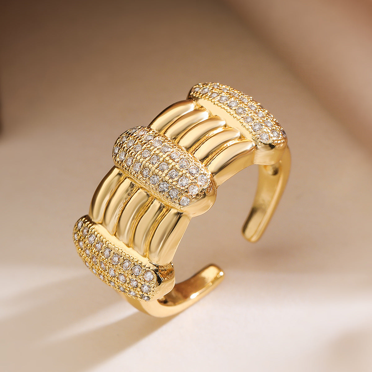 Minimalist Luxury 18K Gold Plated Brass Geometric Ring with Cubic Zirconia Inlay for Women