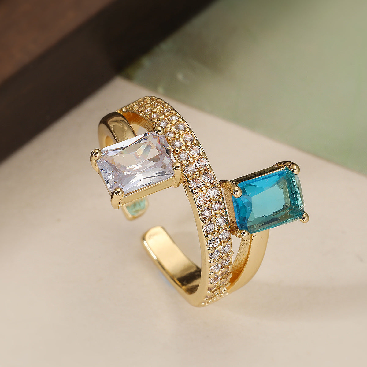 Minimalist Geometric Gold Plated Brass Ring with Cubic Zirconia for Women