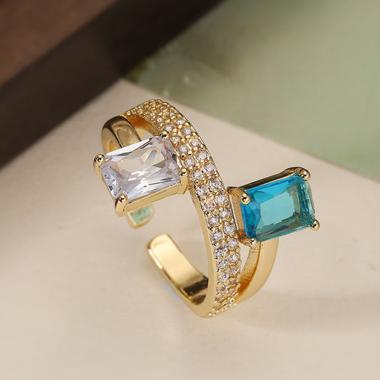 Minimalist Geometric Gold Plated Brass Ring with Cubic Zirconia for Women