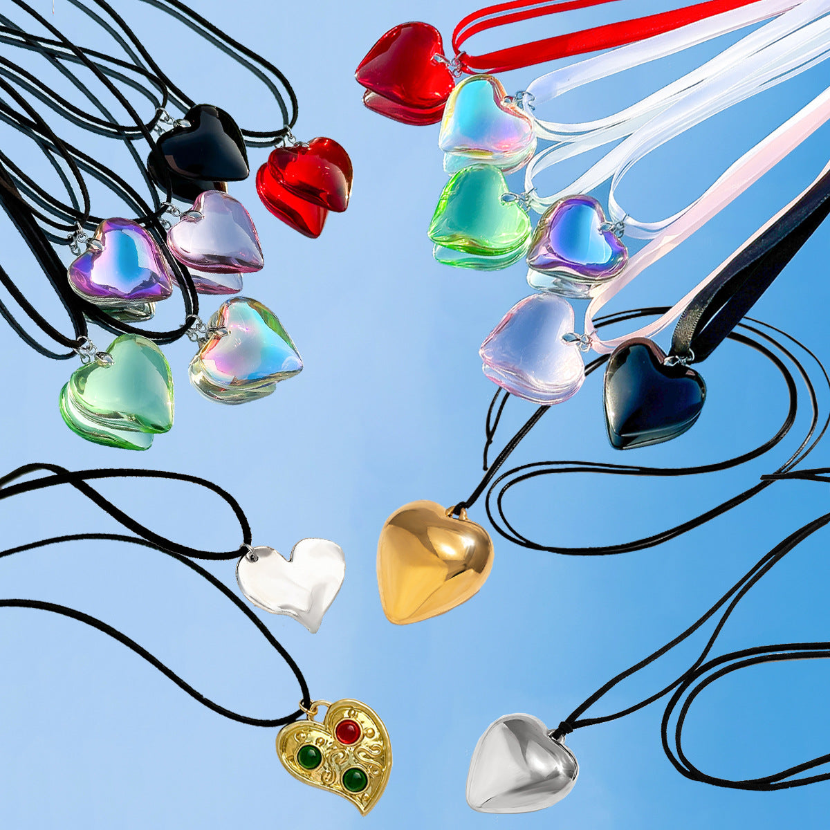 Sweet and Edgy Heart-Shaped Alloy Pendant Necklace with Plated Finish, Long Tassel Design on Velvet Wax Cord for Women