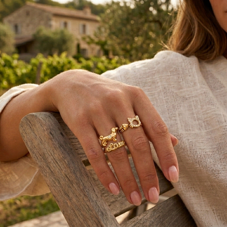 Anillo Minimalista Geométrico Dachshund Amor con Circonita Cúbica Acero Inoxidable PVD Joyería para Mujer