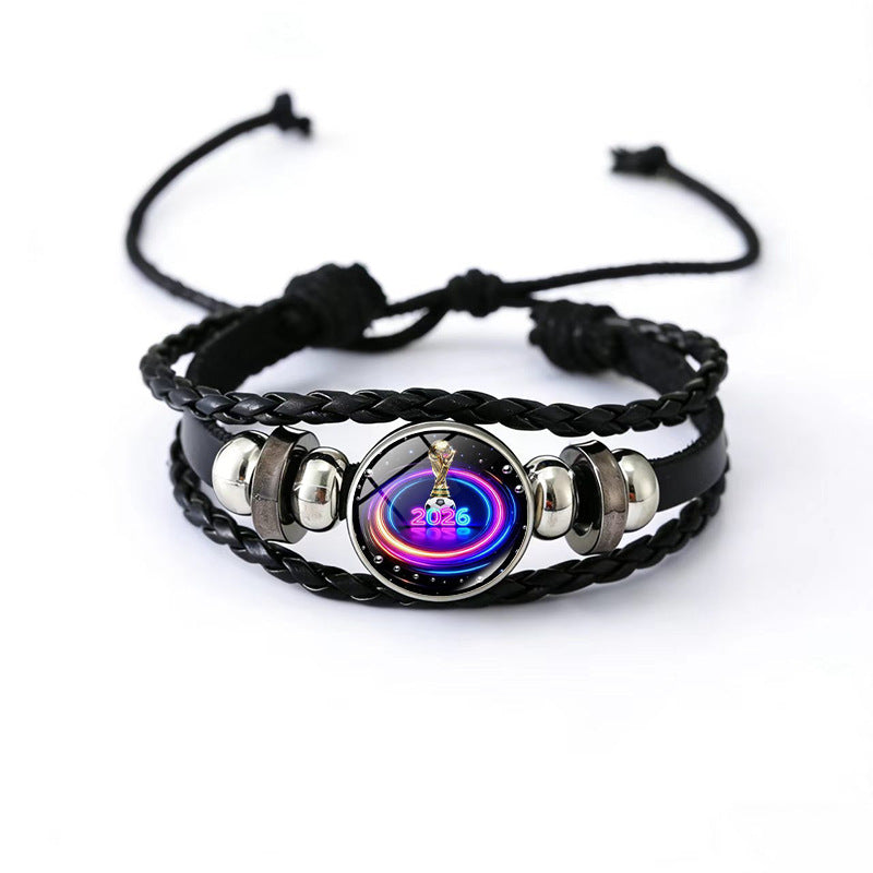 Vintage Geometric Round Black Leather Snap Button Bracelet Unisex Multi-layer Woven Fan Souvenir