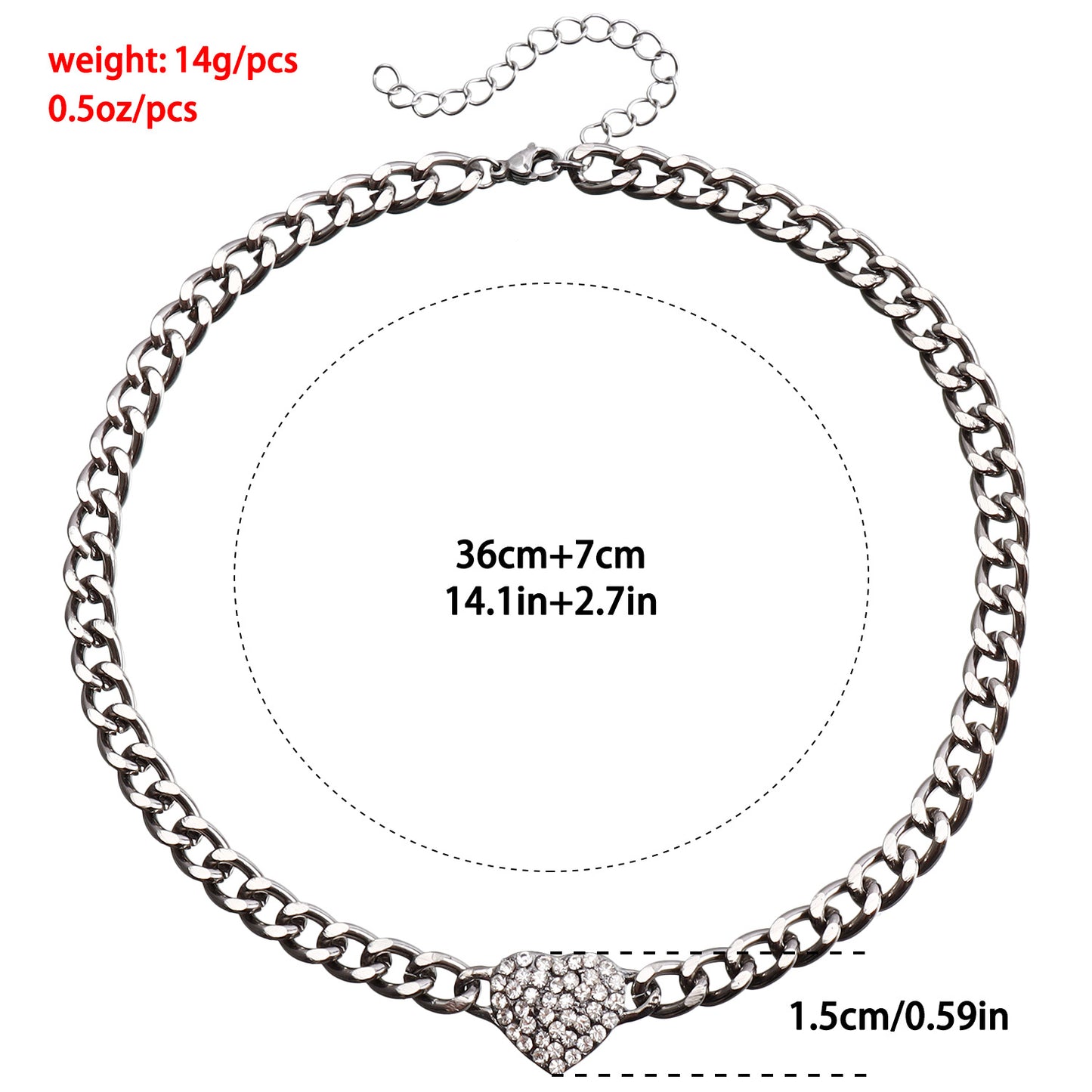 Minimalist Black Aluminum Figaro Necklace with Rhinestone Heart Pendant for Women Short Clavicle Chain