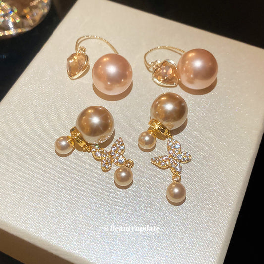 Elegant French Retro Style Zircon-Set Butterfly and Heart-Shaped Pearl Stud Earrings for Women with Stainless Steel Posts