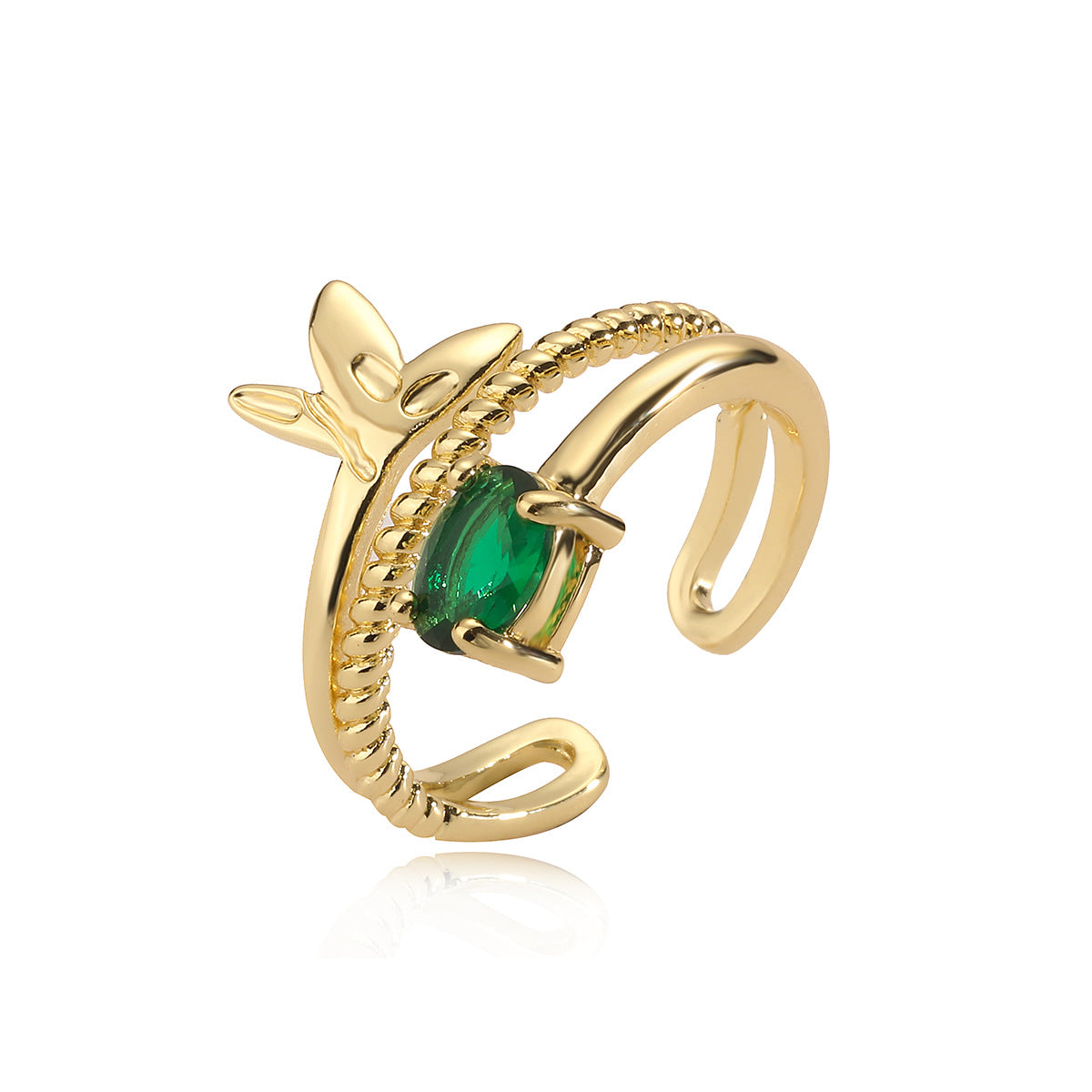 Minimalist Geometric Butterfly and Wheat Motif Open Ring for Women in Copper with 18K Gold Plating and Zircon Inlay