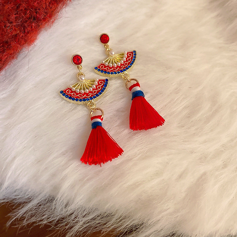 Elegant Geometric Dangle Stud Earrings for Women with Red Tassels, Alloy Base and Gold Plated Finish