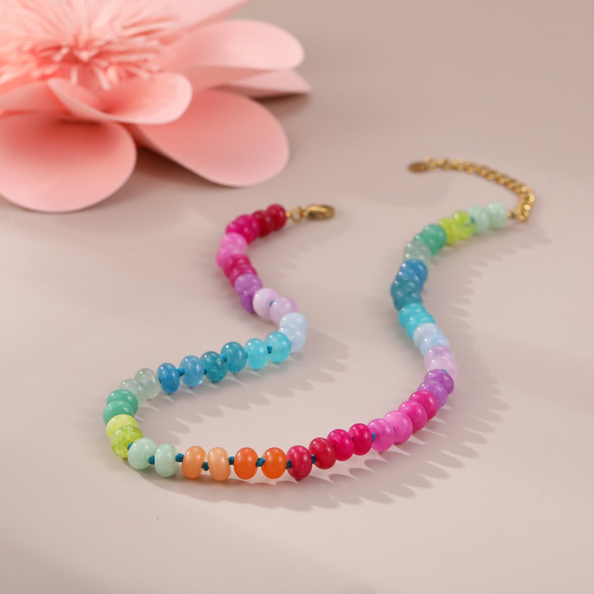 Bohemian Sweet 18K Gold Plated Geometric Stainless Steel Beaded Necklace for Women