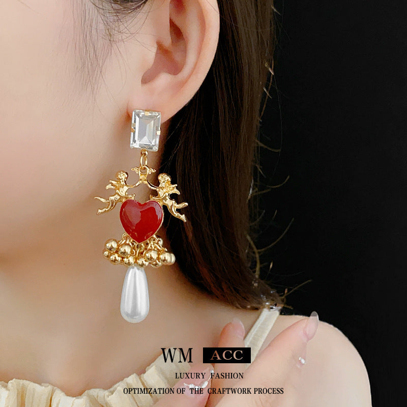 Vintage Heart-Shaped Enamel Alloy Stud Earrings with Tassel Accents for Women