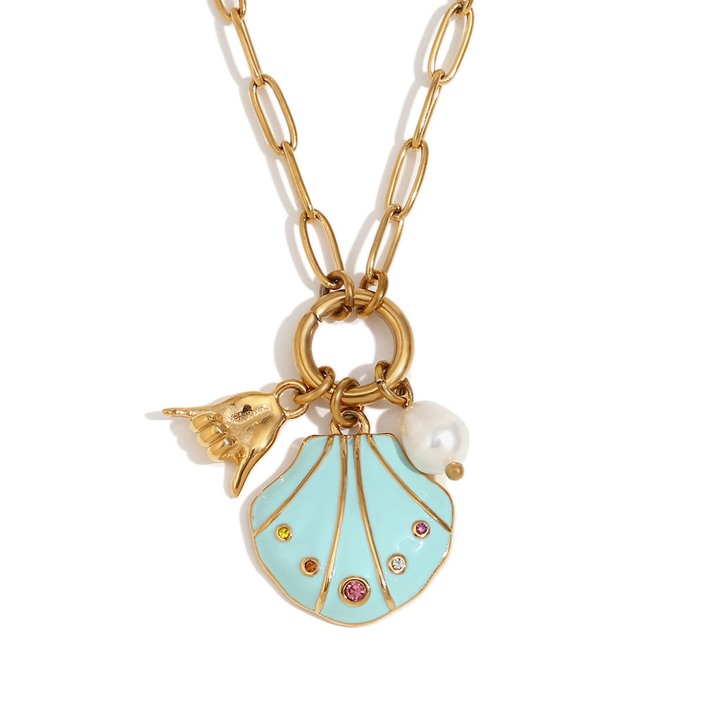 Collana con ciondolo in acciaio inossidabile geometrico minimalista alla moda con placcatura in oro 18 carati, dettagli in strass colorati, motivo a conchiglia e design a gesto della mano