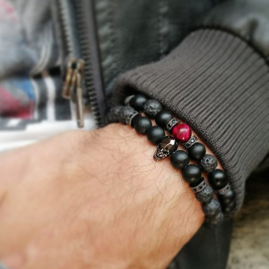 Men's Micro-Paved Cubic Zirconia Skull Geometric Lava Stone Bracelet Set
