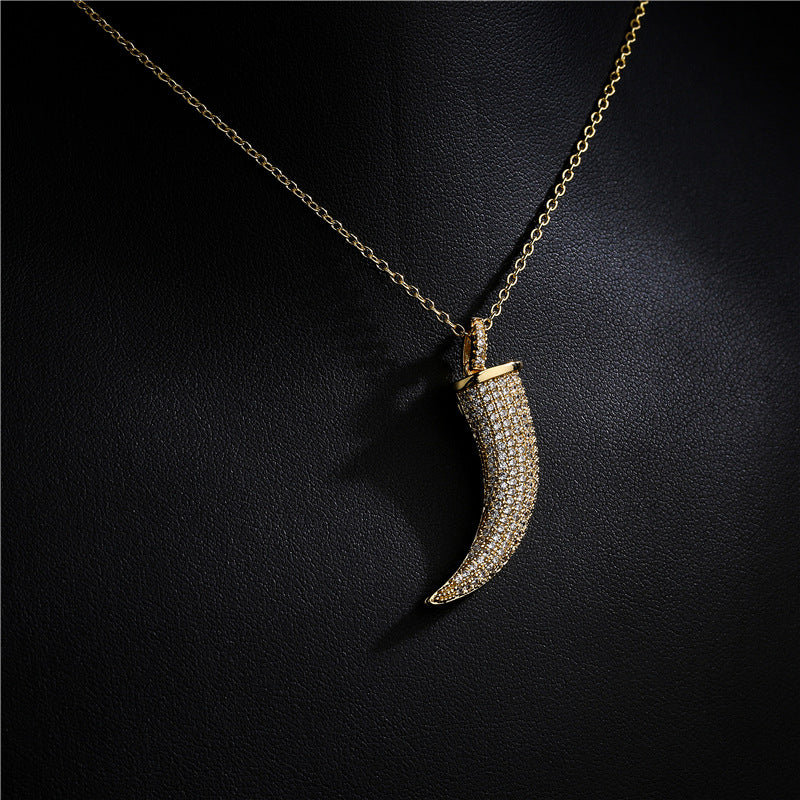Minimalist Geometric Horn Pendant Necklace for Women in Copper with Enamel Finish and Cubic Zirconia Inlay on O-Chain