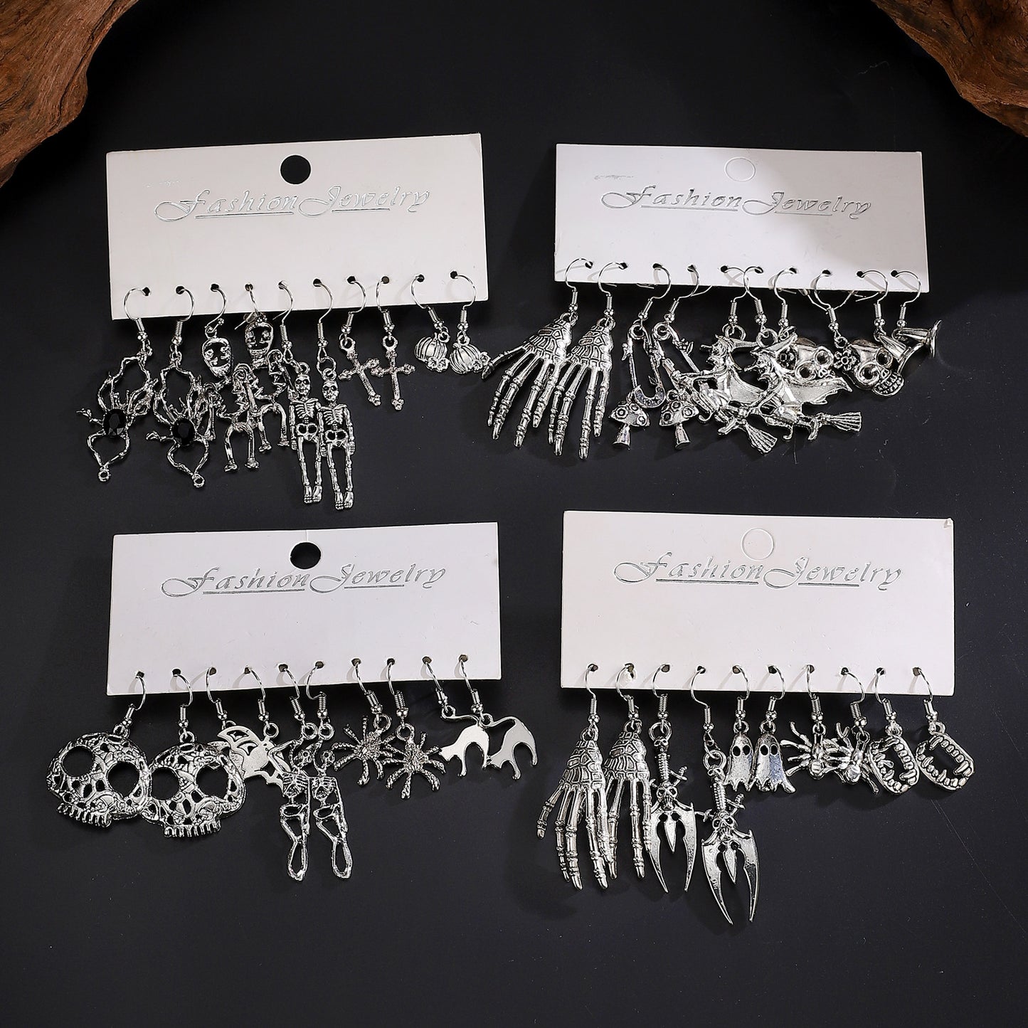 Juego de pendientes grandes con temática de Halloween, diseño geométrico de aleación bañada en plata con motivos de calaveras, calabazas y arañas para mujer