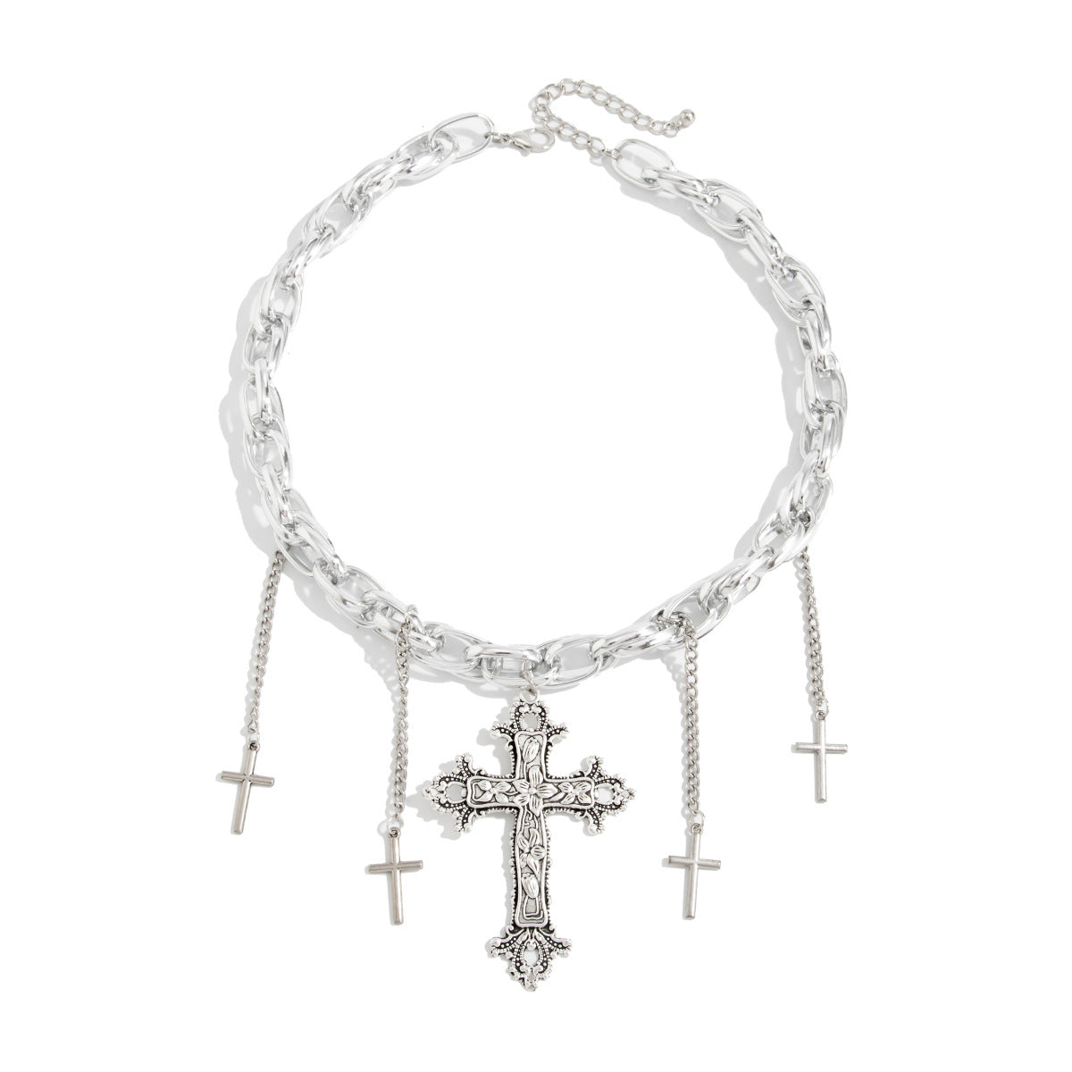 Sweet Punk Geometric Cross Pendant Plated Zinc Alloy Necklace with Tassel for Women