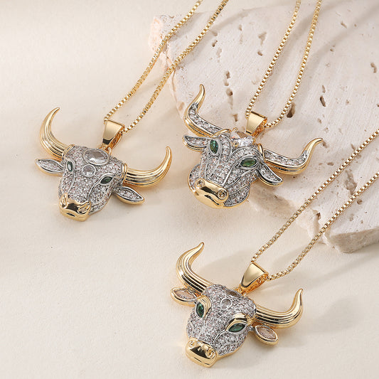 Minimalist Hip-hop Two-Tone Plated Geometric Bull Head Pendant with Cubic Zirconia Brass Necklace for Women
