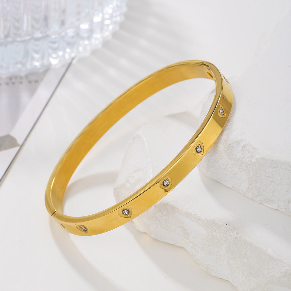 Rhinstone Inlaid Heart Geometric Round Titanium Steel Stainless Steel Bracelet