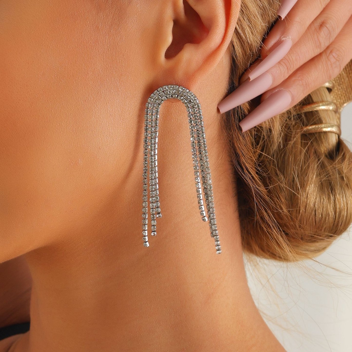 Geometric Style Long Dangle Earrings for Women with Rhinestone Accents and Plated Metal Finish