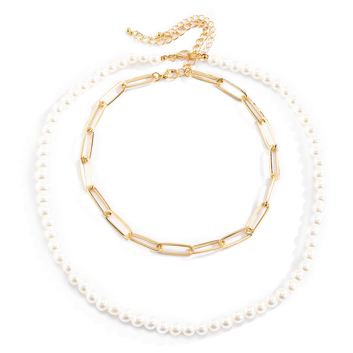 Vintage Minimalist Punk Geometric Cross Iron Necklace with Imitation Pearl Ball Chain Multi-layer Choker
