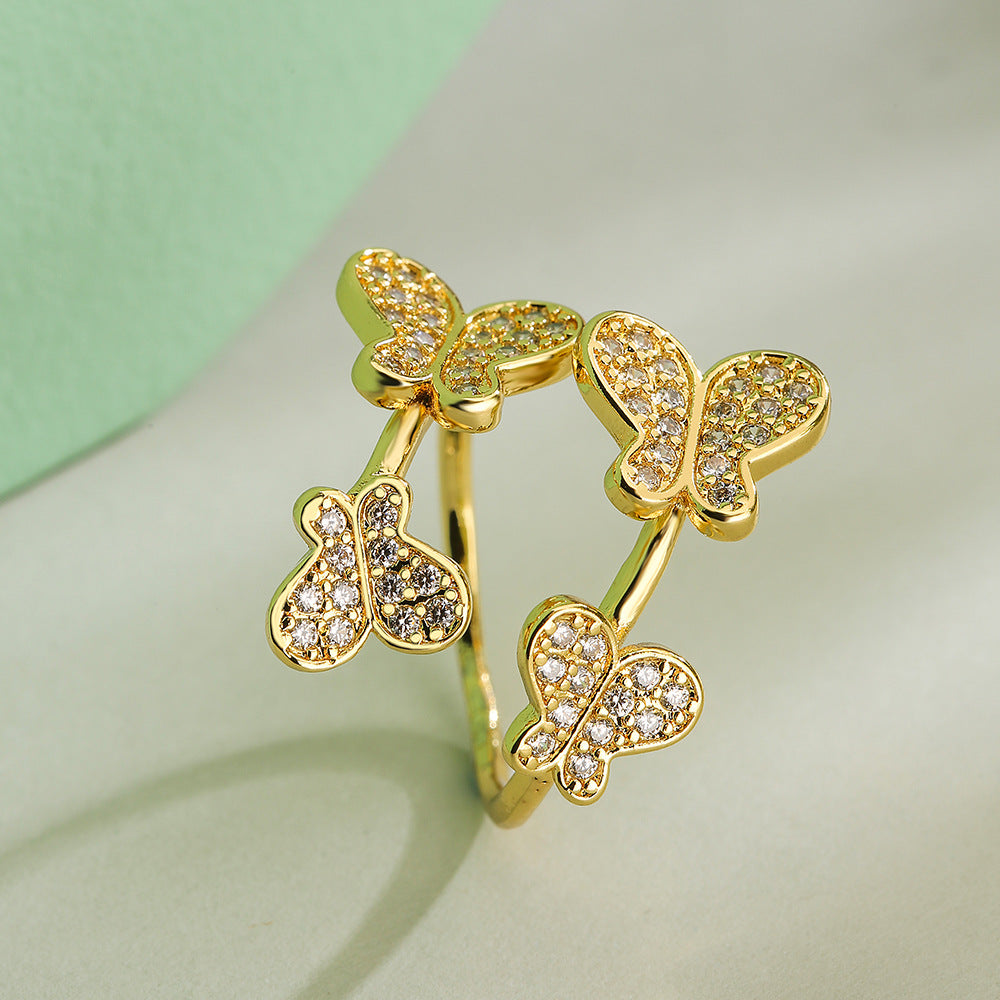 Minimalist Geometric Open Ring for Women with 18K Gold Plating and Zircon Inlay in Butterfly and Leaf Shape