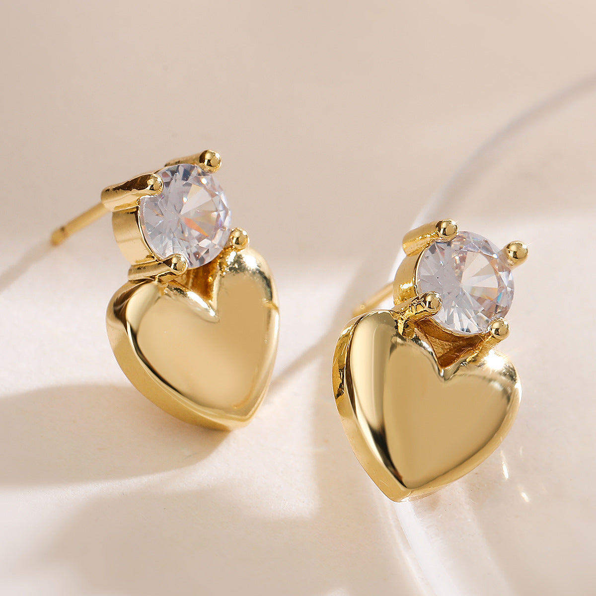 Minimalist 18K Gold Plated Brass Heart Stud Earrings with Cubic Zirconia for Women