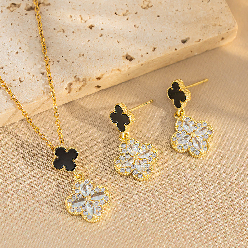 Elegant Four-Leaf Clover Earrings in Titanium Steel with Rhinestone Inlay for Women