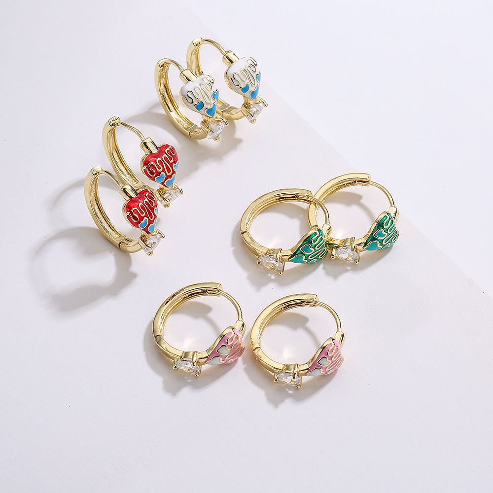 Sweet and Cute Style Geometric Heart-Shaped Enamel and Rhinestone Earrings in Copper with 18K Gold Plating for Women