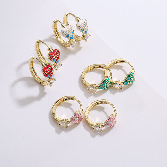 Sweet and Cute Style Geometric Heart-Shaped Enamel and Rhinestone Earrings in Copper with 18K Gold Plating for Women