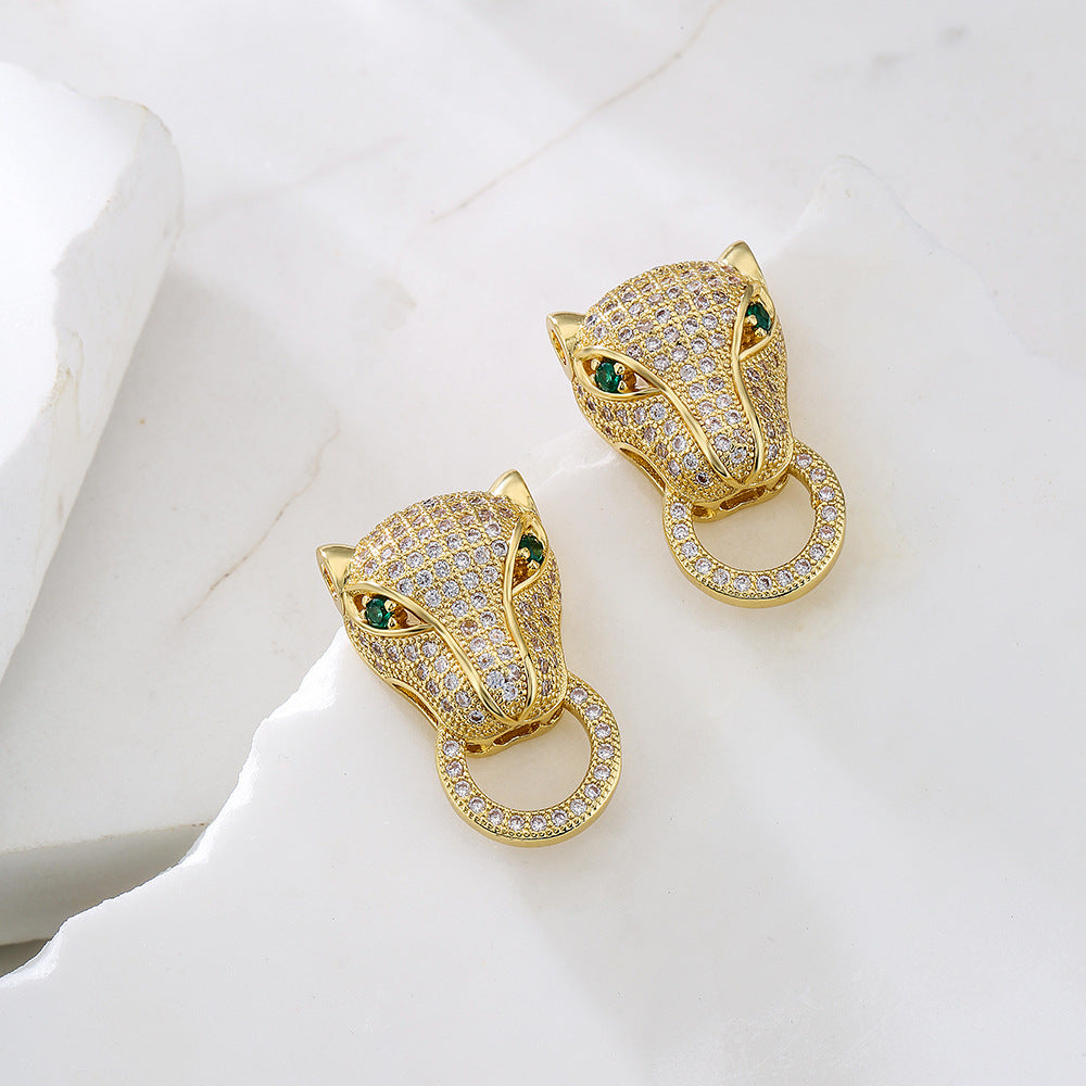 Hip-hop Geometric Leopard Head Brass Gold Plated Cubic Zirconia Stud Earrings for Women