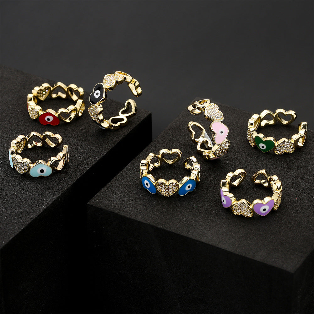 Casual Gold Drip Oil Heart Geometric Brass Ring with Cubic Zirconia for Women