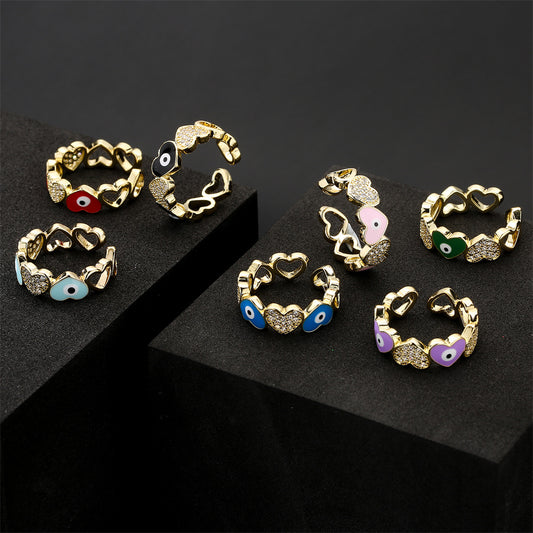 Casual Gold Drip Oil Heart Geometric Brass Ring with Cubic Zirconia for Women